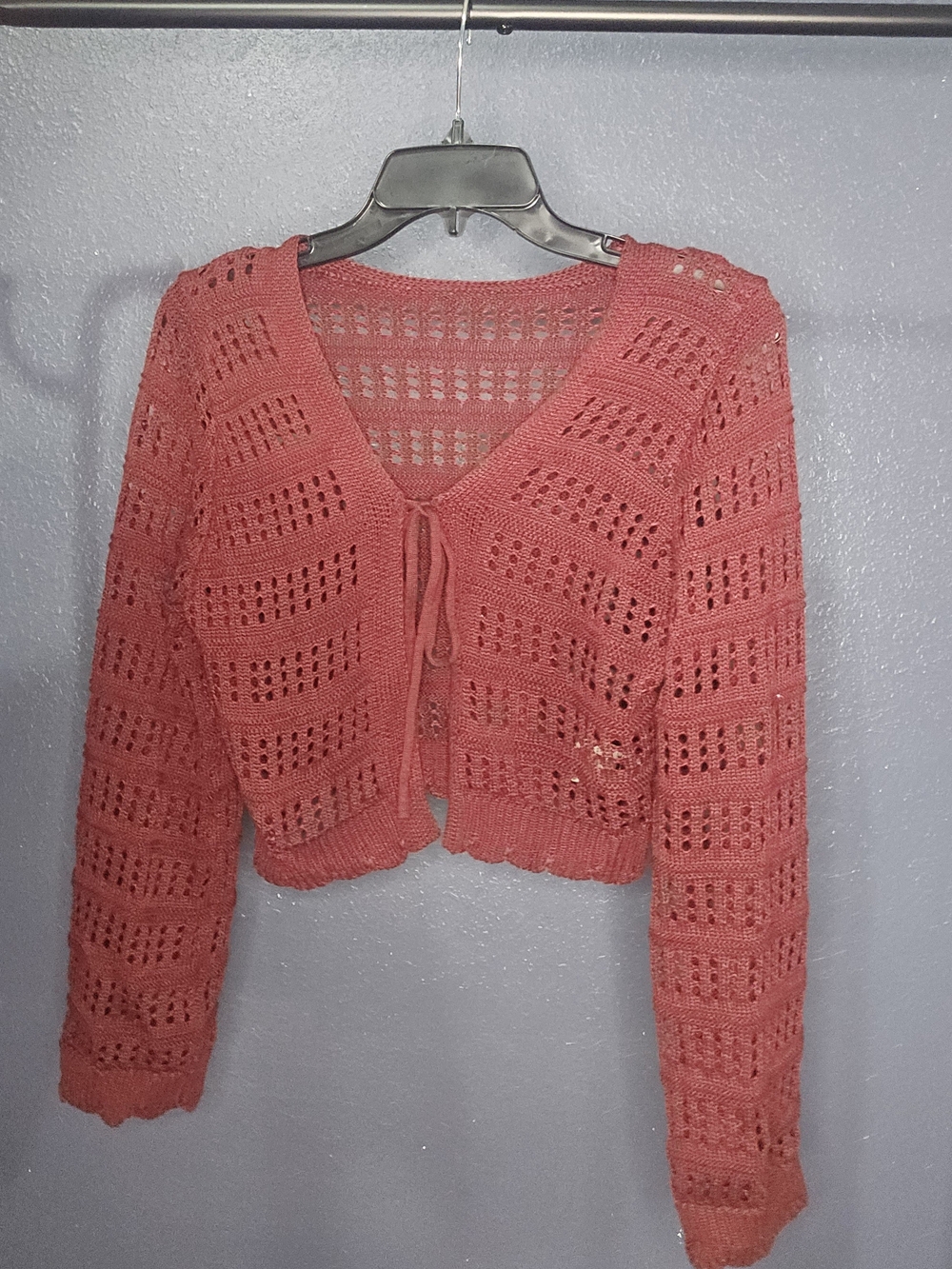 Tie-Front Crochet Knit Sweater Cardigan - Dark Red
